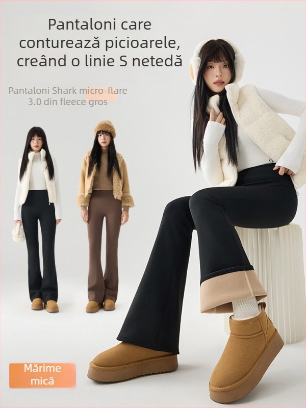 Pantaloni bootcut pentru talie mică, cu siluetă ușor evazată, căptușeală groasă de fleece, elasticitate înaltă