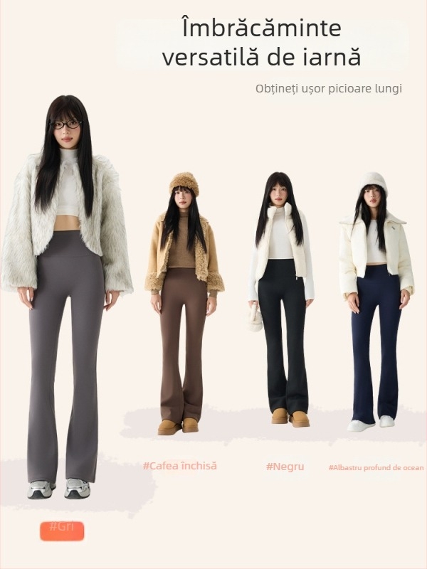 Pantaloni bootcut pentru talie mică, cu siluetă ușor evazată, căptușeală groasă de fleece, elasticitate înaltă