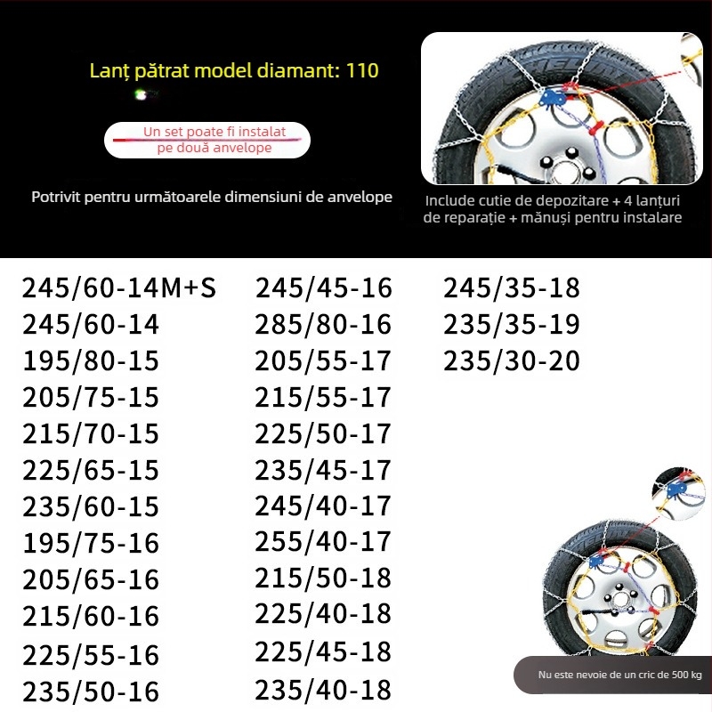 Lanț de zăpadă auto, model KN, 4 kg, pentru toate anvelopele auto, personalizare disponibilă