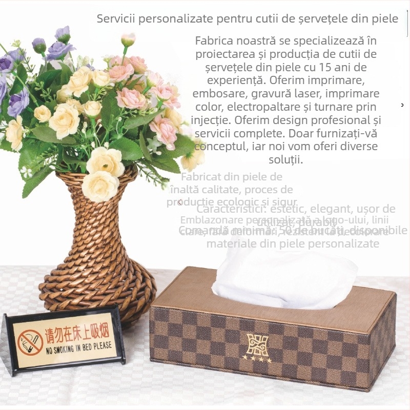 Cutie de șervețele din piele – lucrată manual, cu tavă interioară demontabilă, model FJ-0741, posibilitate logo personalizat, potrivită pentru camere de oaspeți și birouri