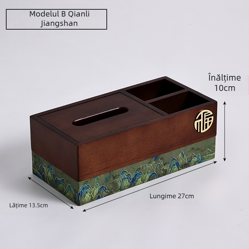 Cutie de șervețele din lemn cu spațiu pentru telecomandă — Stil Chinezesc Nou, Multifuncțional, Model 10029, pentru living și baie