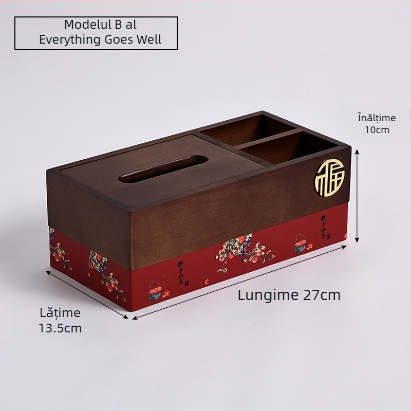 Cutie de șervețele din lemn cu spațiu pentru telecomandă — Stil Chinezesc Nou, Multifuncțional, Model 10029, pentru living și baie