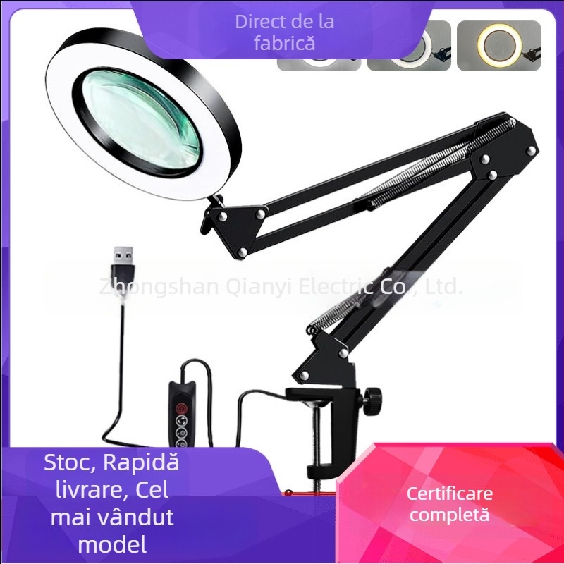 Lampă de birou LED cu braț lung și lupă pliabilă – lumină pentru citire și întreținere, alimentare USB 12W, abajur metalic, certificat CE