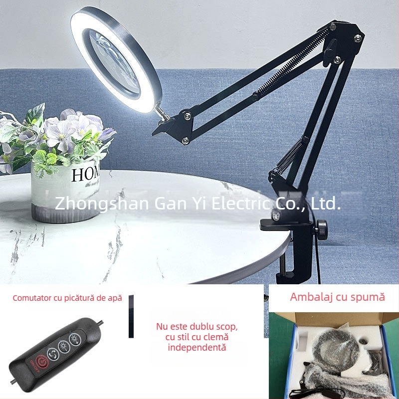 Lampă de birou LED cu braț lung și lupă pliabilă – lumină pentru citire și întreținere, alimentare USB 12W, abajur metalic, certificat CE