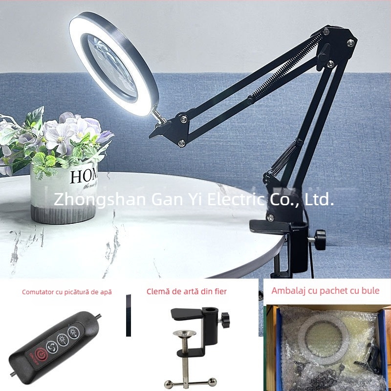 Lampă de birou LED cu braț lung și lupă pliabilă – lumină pentru citire și întreținere, alimentare USB 12W, abajur metalic, certificat CE