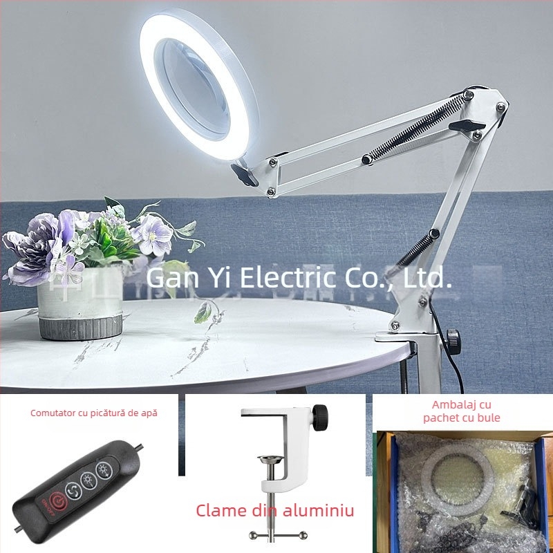 Lampă de birou LED cu braț lung și lupă pliabilă – lumină pentru citire și întreținere, alimentare USB 12W, abajur metalic, certificat CE