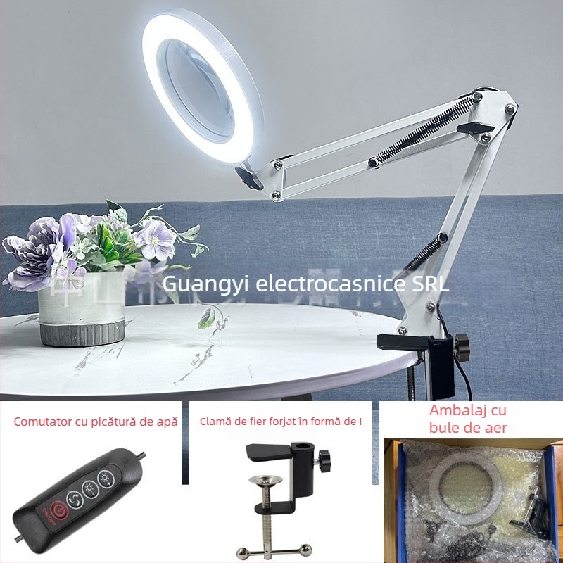 Lampă de birou LED cu braț lung și lupă pliabilă – lumină pentru citire și întreținere, alimentare USB 12W, abajur metalic, certificat CE
