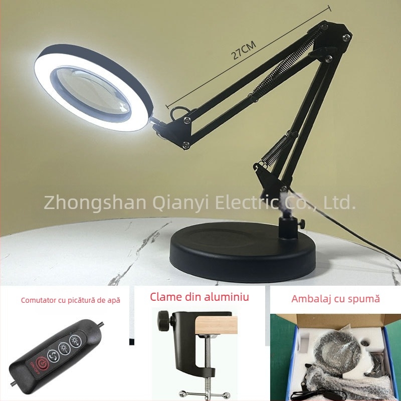 Lampă de birou LED cu braț lung și lupă pliabilă – lumină pentru citire și întreținere, alimentare USB 12W, abajur metalic, certificat CE