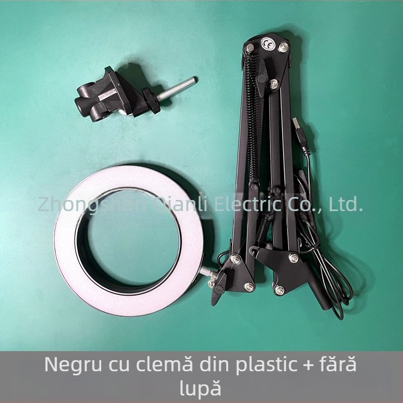 Lampă de birou LED cu braț lung și lupă pliabilă – lumină pentru citire și întreținere, alimentare USB 12W, abajur metalic, certificat CE