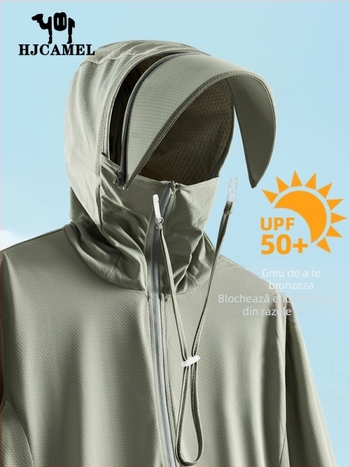 Jachetă de protecție UV pentru bărbați, cu glugă, ușoară și respirabilă, cu margine detașabilă, UPF50+, din poliester