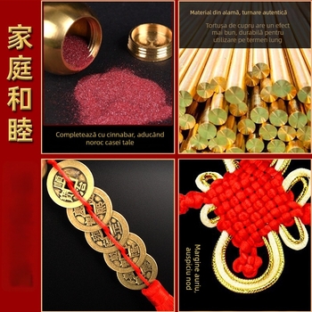 Ornament de pat din alamă, în stil chinezesc, cu motiv dovleac și pandantiv cu monedele celor Cinci Împărați