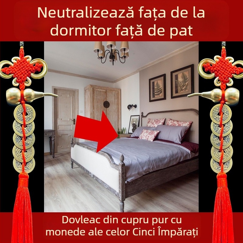 Ornament de pat din alamă, în stil chinezesc, cu motiv dovleac și pandantiv cu monedele celor Cinci Împărați