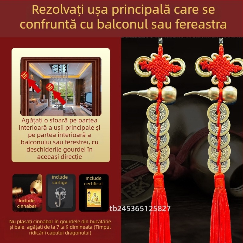 Ornament de pat din alamă, în stil chinezesc, cu motiv dovleac și pandantiv cu monedele celor Cinci Împărați