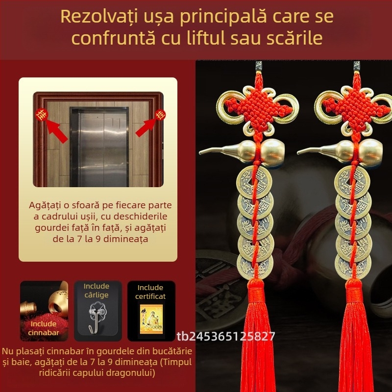 Ornament de pat din alamă, în stil chinezesc, cu motiv dovleac și pandantiv cu monedele celor Cinci Împărați