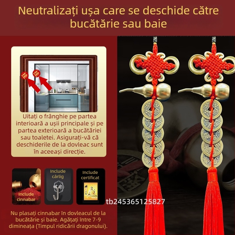 Ornament de pat din alamă, în stil chinezesc, cu motiv dovleac și pandantiv cu monedele celor Cinci Împărați