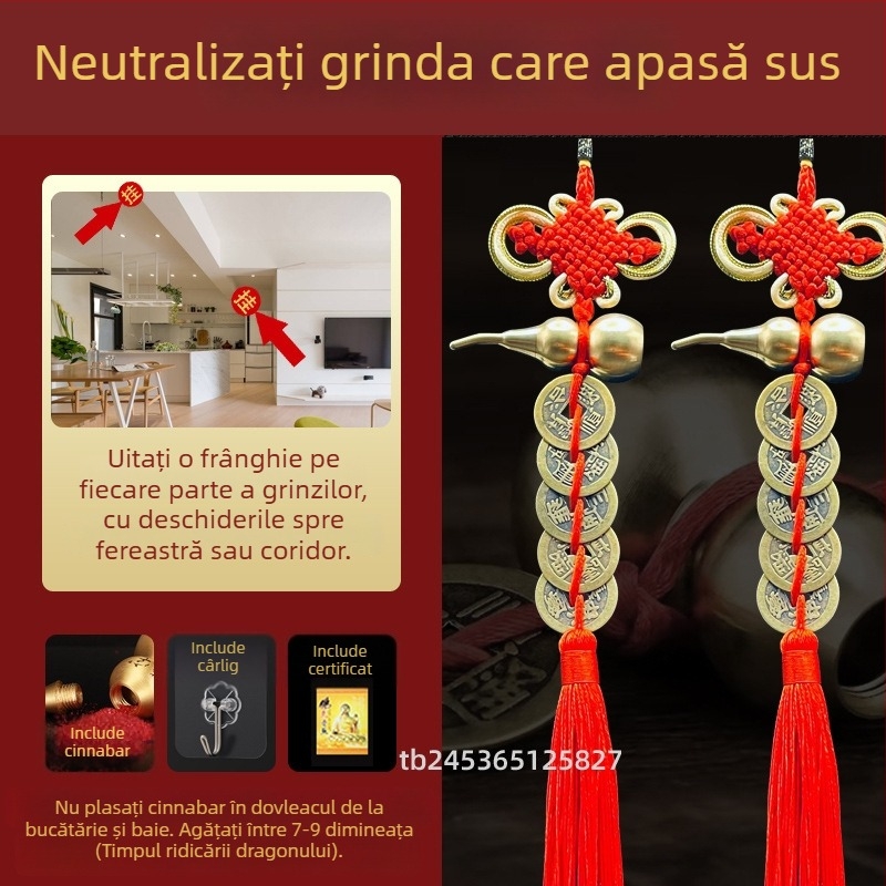 Ornament de pat din alamă, în stil chinezesc, cu motiv dovleac și pandantiv cu monedele celor Cinci Împărați