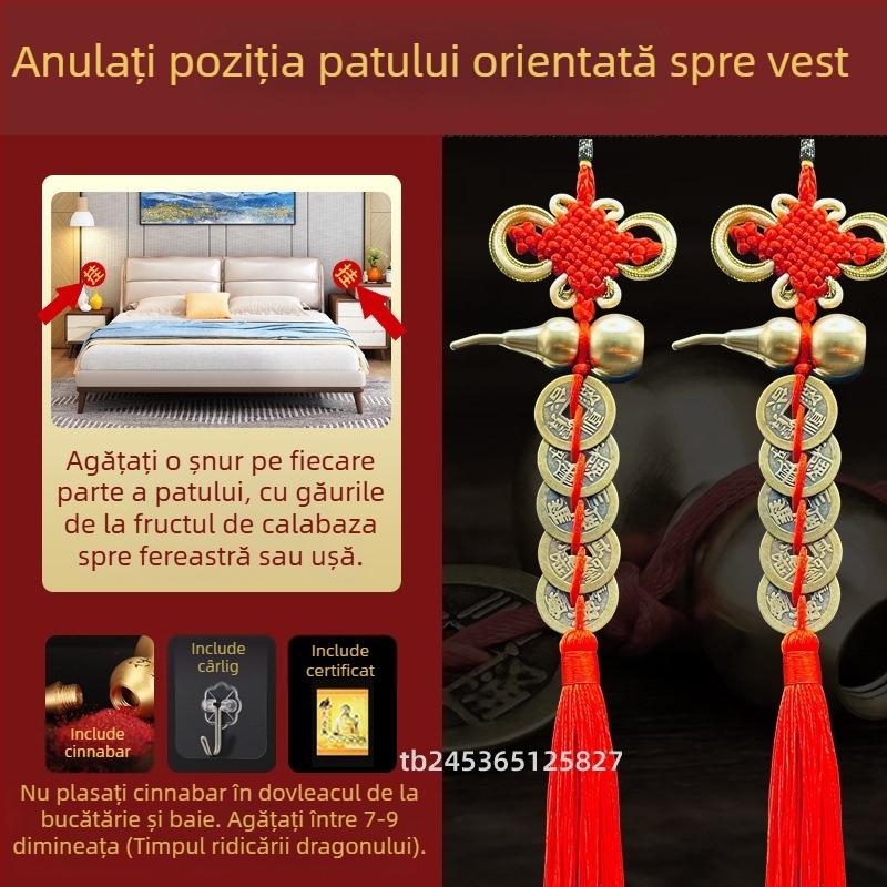Ornament de pat din alamă, în stil chinezesc, cu motiv dovleac și pandantiv cu monedele celor Cinci Împărați
