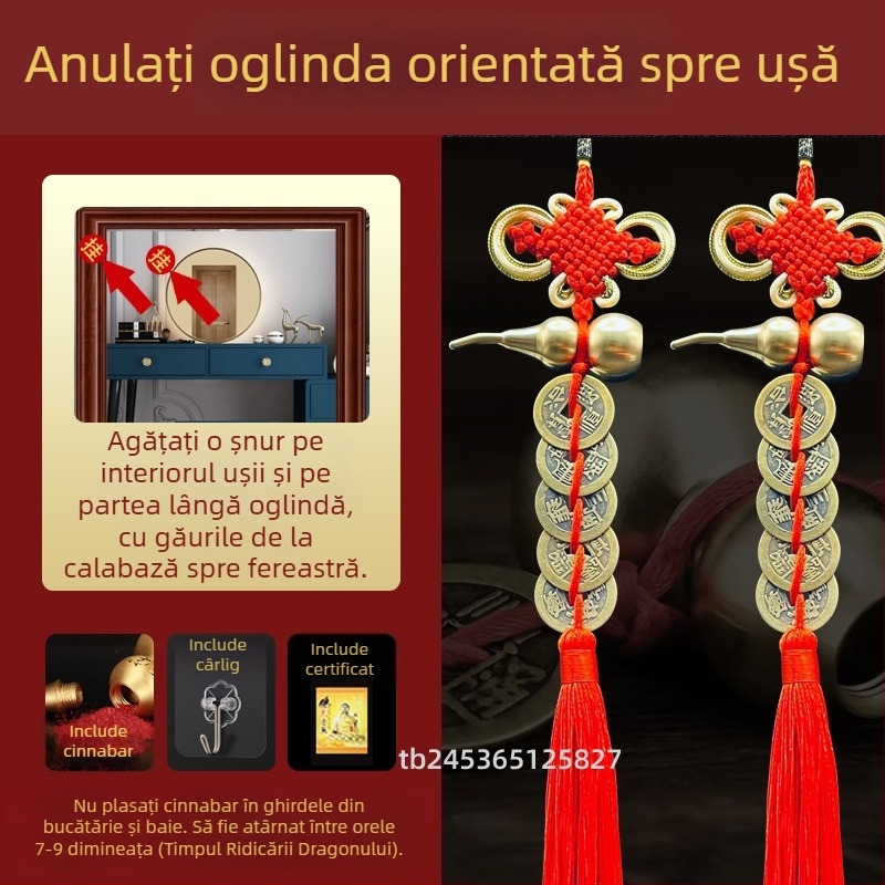 Ornament de pat din alamă, în stil chinezesc, cu motiv dovleac și pandantiv cu monedele celor Cinci Împărați