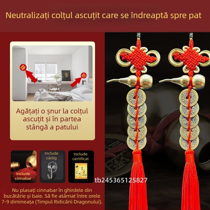 Ornament de pat din alamă, în stil chinezesc, cu motiv dovleac și pandantiv cu monedele celor Cinci Împărați