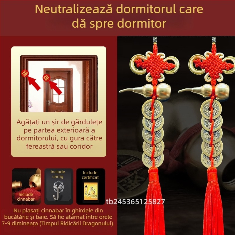 Ornament de pat din alamă, în stil chinezesc, cu motiv dovleac și pandantiv cu monedele celor Cinci Împărați