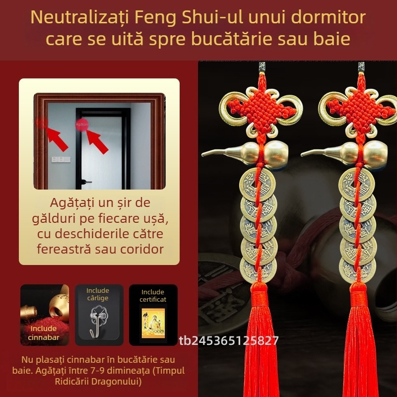 Ornament de pat din alamă, în stil chinezesc, cu motiv dovleac și pandantiv cu monedele celor Cinci Împărați