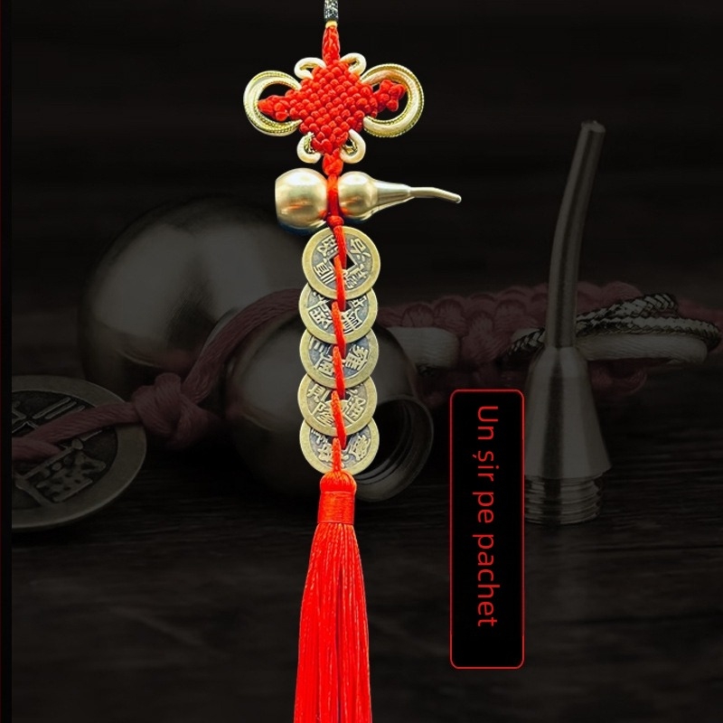 Ornament de pat din alamă, în stil chinezesc, cu motiv dovleac și pandantiv cu monedele celor Cinci Împărați