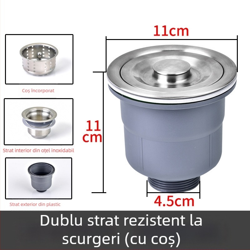 Ansamblu de scurgere pentru chiuveta din oțel inox, cu tragere în sus, stil minimalist modern, model: Kitchen Sink Steel Head
