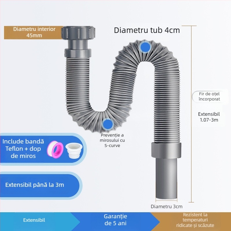 Ansamblu de scurgere pentru chiuveta din oțel inox, cu tragere în sus, stil minimalist modern, model: Kitchen Sink Steel Head
