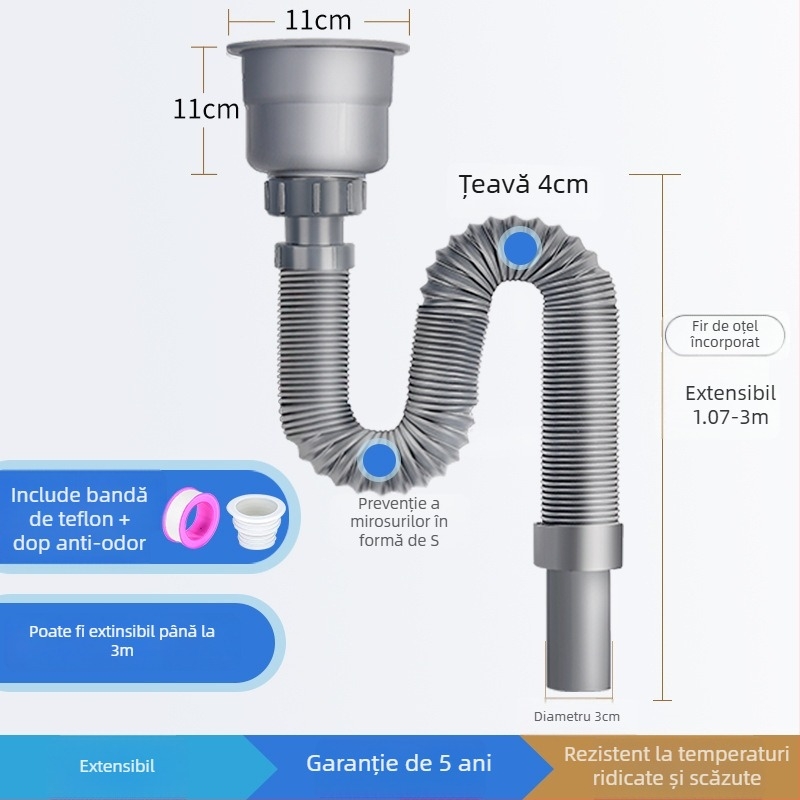 Ansamblu de scurgere pentru chiuveta din oțel inox, cu tragere în sus, stil minimalist modern, model: Kitchen Sink Steel Head