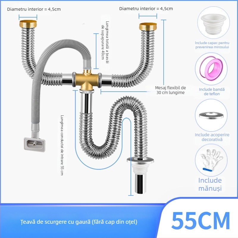 Ansamblu de scurgere pentru chiuveta din oțel inox, cu tragere în sus, stil minimalist modern, model: Kitchen Sink Steel Head