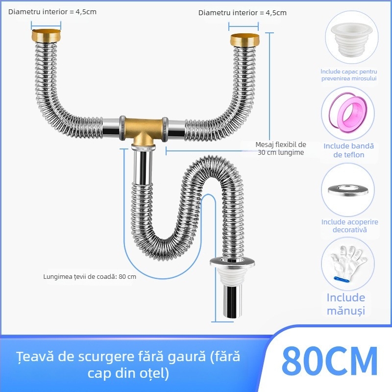 Ansamblu de scurgere pentru chiuveta din oțel inox, cu tragere în sus, stil minimalist modern, model: Kitchen Sink Steel Head
