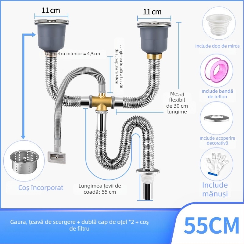 Ansamblu de scurgere pentru chiuveta din oțel inox, cu tragere în sus, stil minimalist modern, model: Kitchen Sink Steel Head