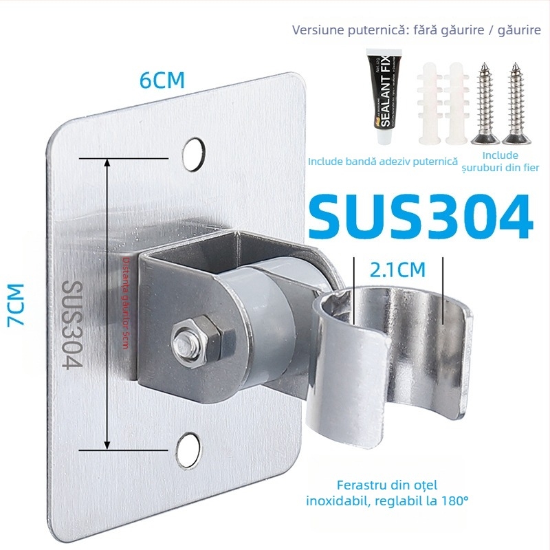 HZ388 Suport duș din oțel inoxidabil – montaj fără găuri, suport reglabil pentru capul de duș tip ploaie