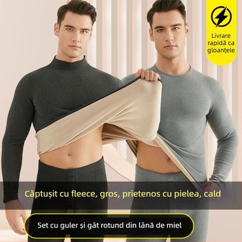 Set de lenjerie termică pentru bărbați, cu fleece din lână de miel, țesătură foarte groasă (501-600 g/m²), 90-95% acrilic, mâneci lungi, guler cu o singură linie