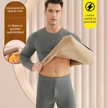 Set de lenjerie termică pentru bărbați, cu fleece din lână de miel, țesătură foarte groasă (501-600 g/m²), 90-95% acrilic, mâneci lungi, guler cu o singură linie