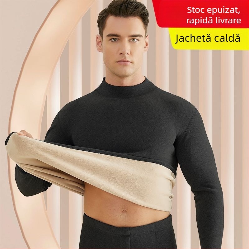 Set de lenjerie termică pentru bărbați, cu fleece din lână de miel, țesătură foarte groasă (501-600 g/m²), 90-95% acrilic, mâneci lungi, guler cu o singură linie
