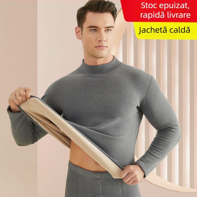 Set de lenjerie termică pentru bărbați, cu fleece din lână de miel, țesătură foarte groasă (501-600 g/m²), 90-95% acrilic, mâneci lungi, guler cu o singură linie