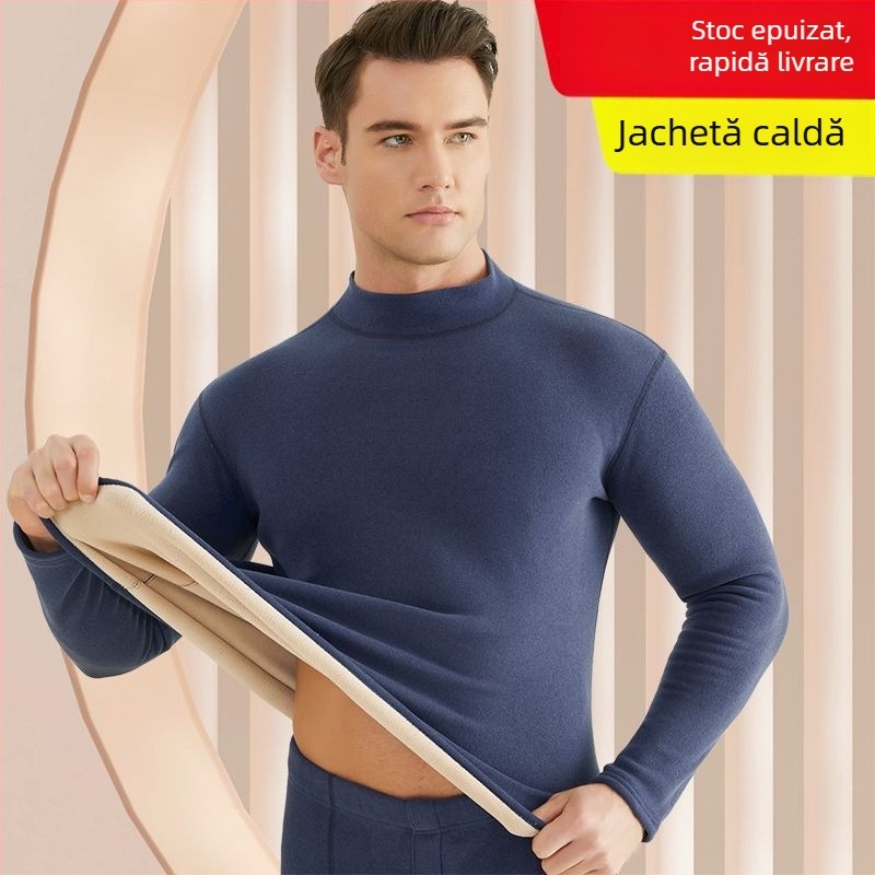 Set de lenjerie termică pentru bărbați, cu fleece din lână de miel, țesătură foarte groasă (501-600 g/m²), 90-95% acrilic, mâneci lungi, guler cu o singură linie