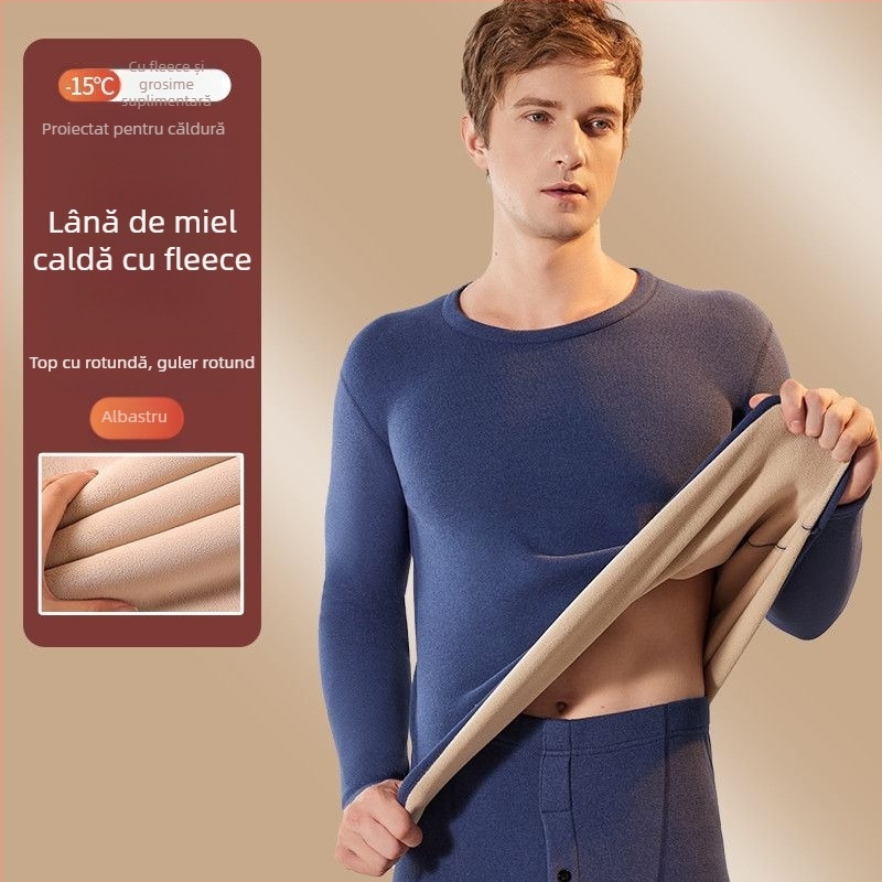 Set de lenjerie termică pentru bărbați, cu fleece din lână de miel, țesătură foarte groasă (501-600 g/m²), 90-95% acrilic, mâneci lungi, guler cu o singură linie