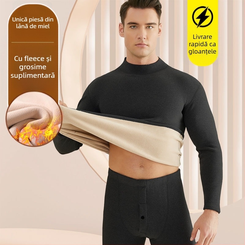 Set de lenjerie termică pentru bărbați, cu fleece din lână de miel, țesătură foarte groasă (501-600 g/m²), 90-95% acrilic, mâneci lungi, guler cu o singură linie