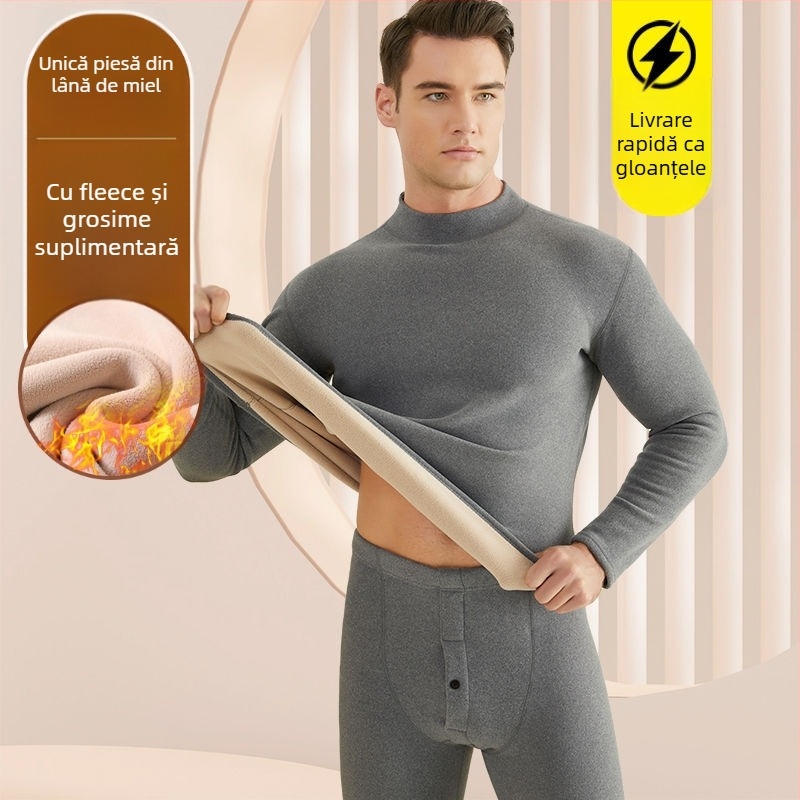 Set de lenjerie termică pentru bărbați, cu fleece din lână de miel, țesătură foarte groasă (501-600 g/m²), 90-95% acrilic, mâneci lungi, guler cu o singură linie