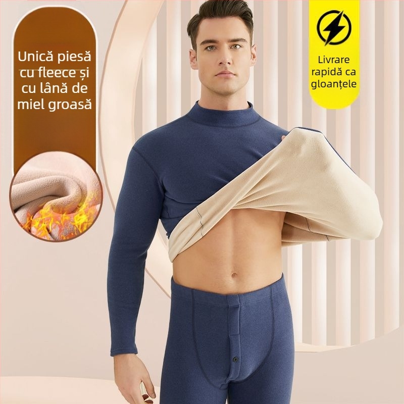 Set de lenjerie termică pentru bărbați, cu fleece din lână de miel, țesătură foarte groasă (501-600 g/m²), 90-95% acrilic, mâneci lungi, guler cu o singură linie