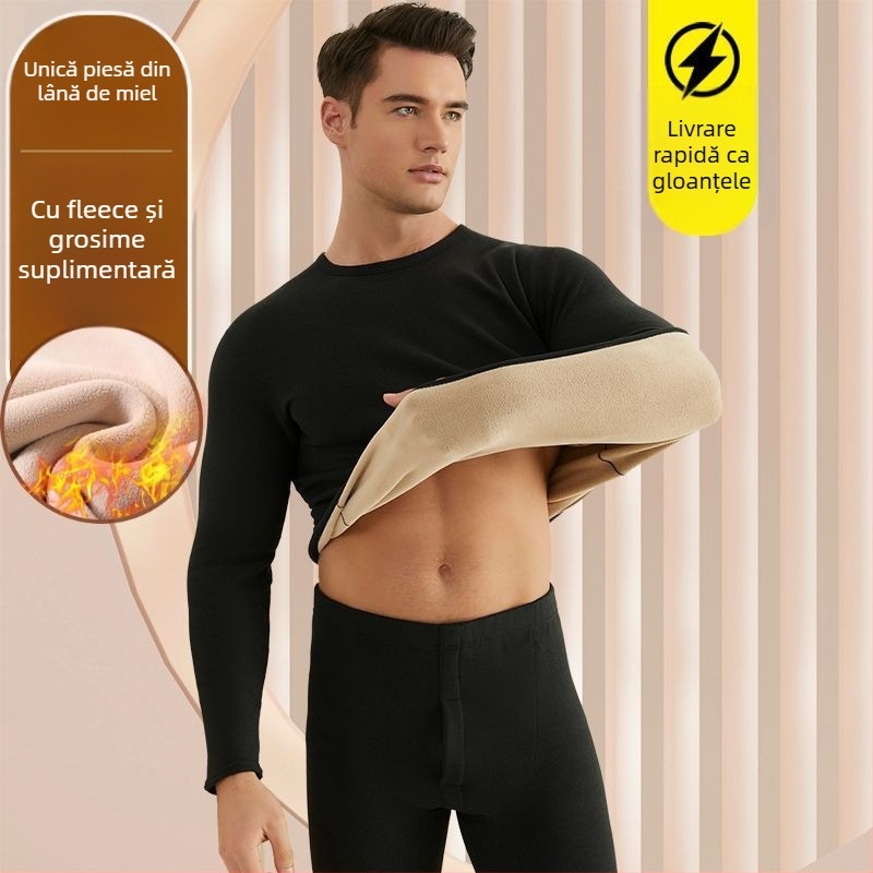 Set de lenjerie termică pentru bărbați, cu fleece din lână de miel, țesătură foarte groasă (501-600 g/m²), 90-95% acrilic, mâneci lungi, guler cu o singură linie