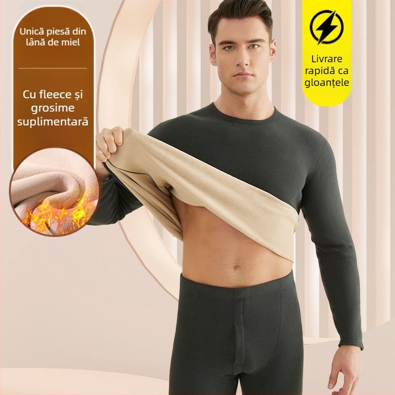 Set de lenjerie termică pentru bărbați, cu fleece din lână de miel, țesătură foarte groasă (501-600 g/m²), 90-95% acrilic, mâneci lungi, guler cu o singură linie