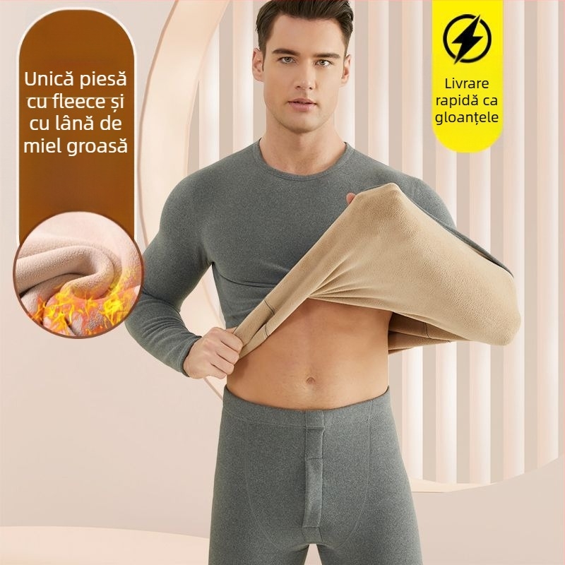 Set de lenjerie termică pentru bărbați, cu fleece din lână de miel, țesătură foarte groasă (501-600 g/m²), 90-95% acrilic, mâneci lungi, guler cu o singură linie