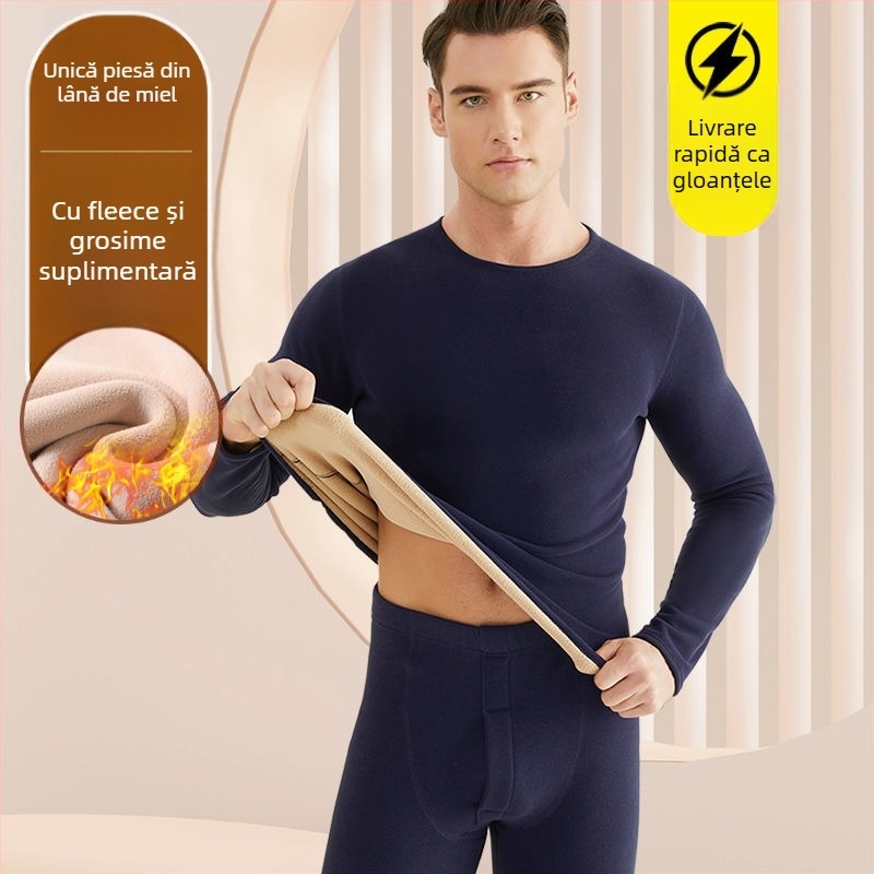 Set de lenjerie termică pentru bărbați, cu fleece din lână de miel, țesătură foarte groasă (501-600 g/m²), 90-95% acrilic, mâneci lungi, guler cu o singură linie