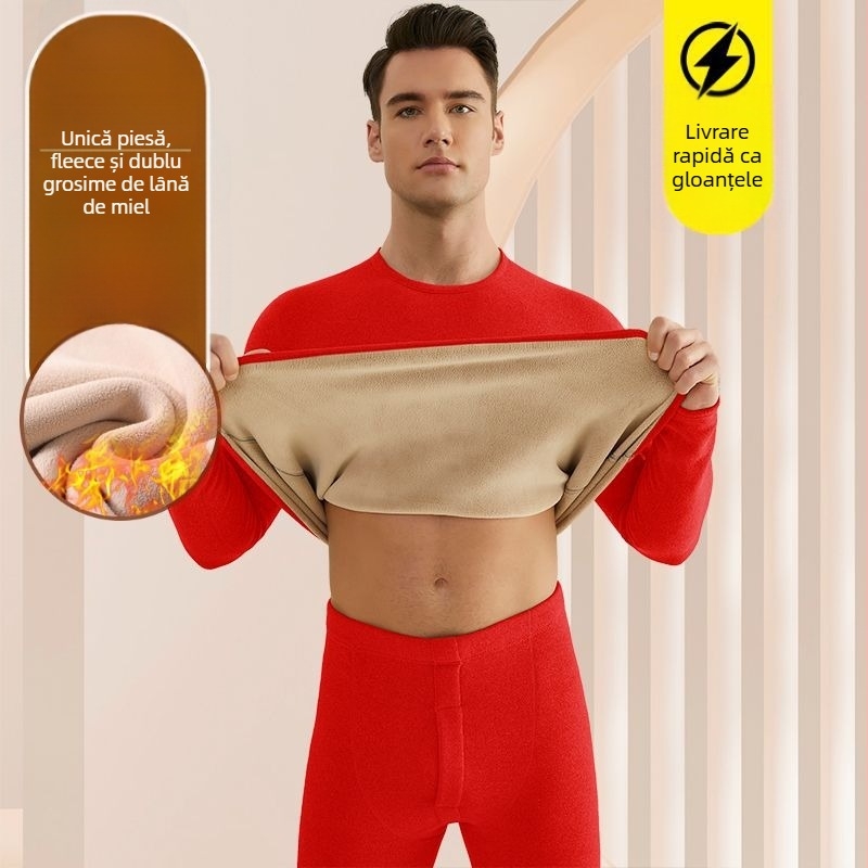 Set de lenjerie termică pentru bărbați, cu fleece din lână de miel, țesătură foarte groasă (501-600 g/m²), 90-95% acrilic, mâneci lungi, guler cu o singură linie
