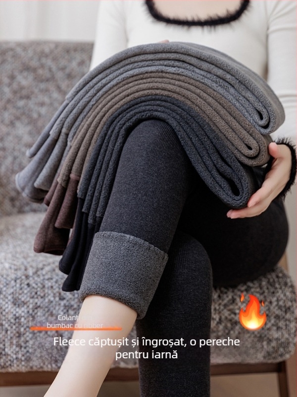 Colanți din bumbac cu fleece, talie înaltă, croială strânsă, textură rib, grosime medie