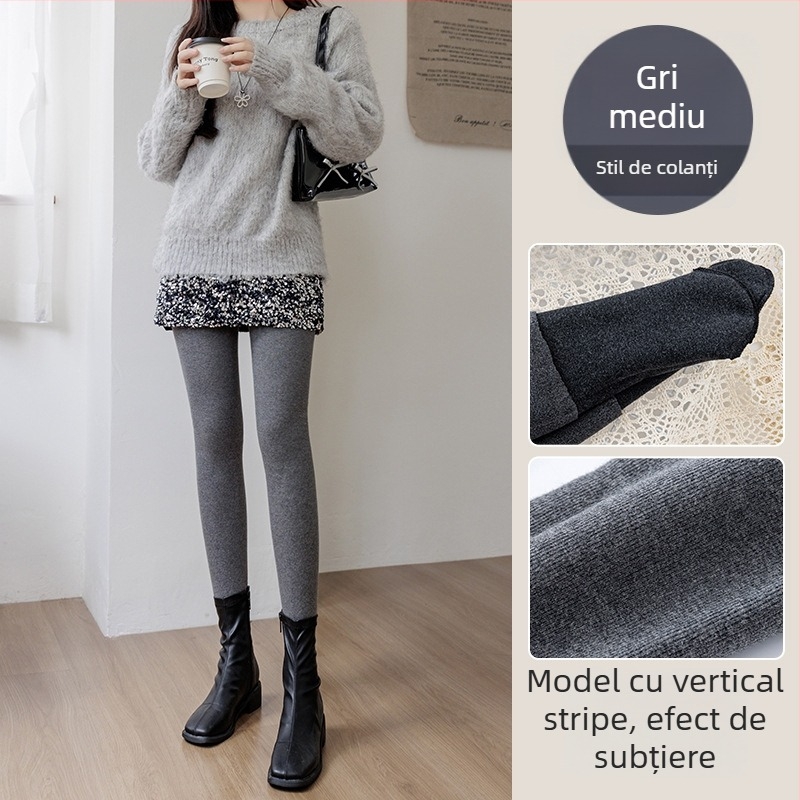 Colanți din bumbac cu fleece, talie înaltă, croială strânsă, textură rib, grosime medie