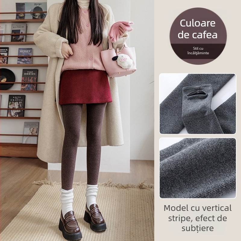 Colanți din bumbac cu fleece, talie înaltă, croială strânsă, textură rib, grosime medie